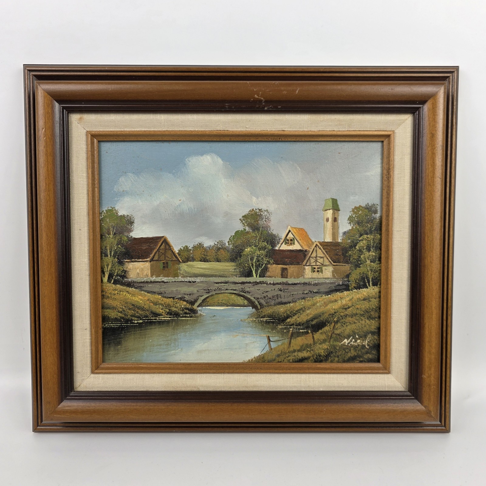 Oil on Canvas, European Farm Landscape Painting , signed Nicol artist framed