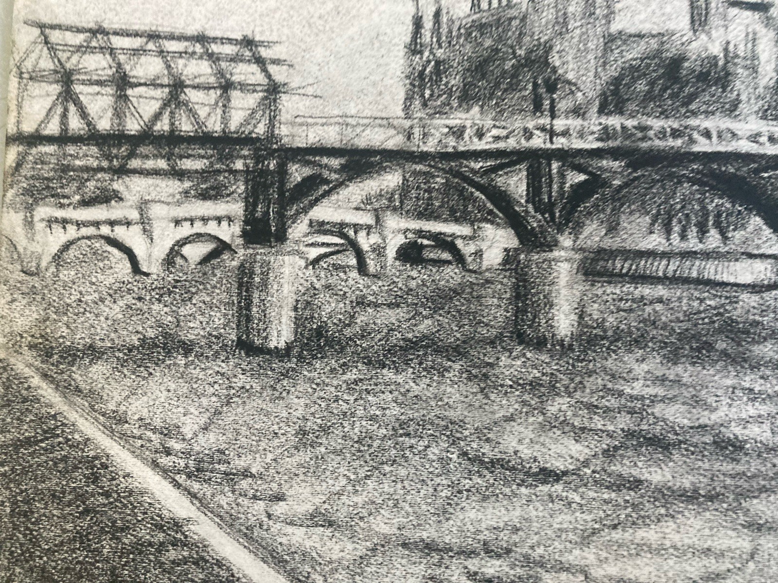 1970 Charcoal Drawing on Paper Paris Seine Quay Notre-Dame Pont Neuf Urban Art