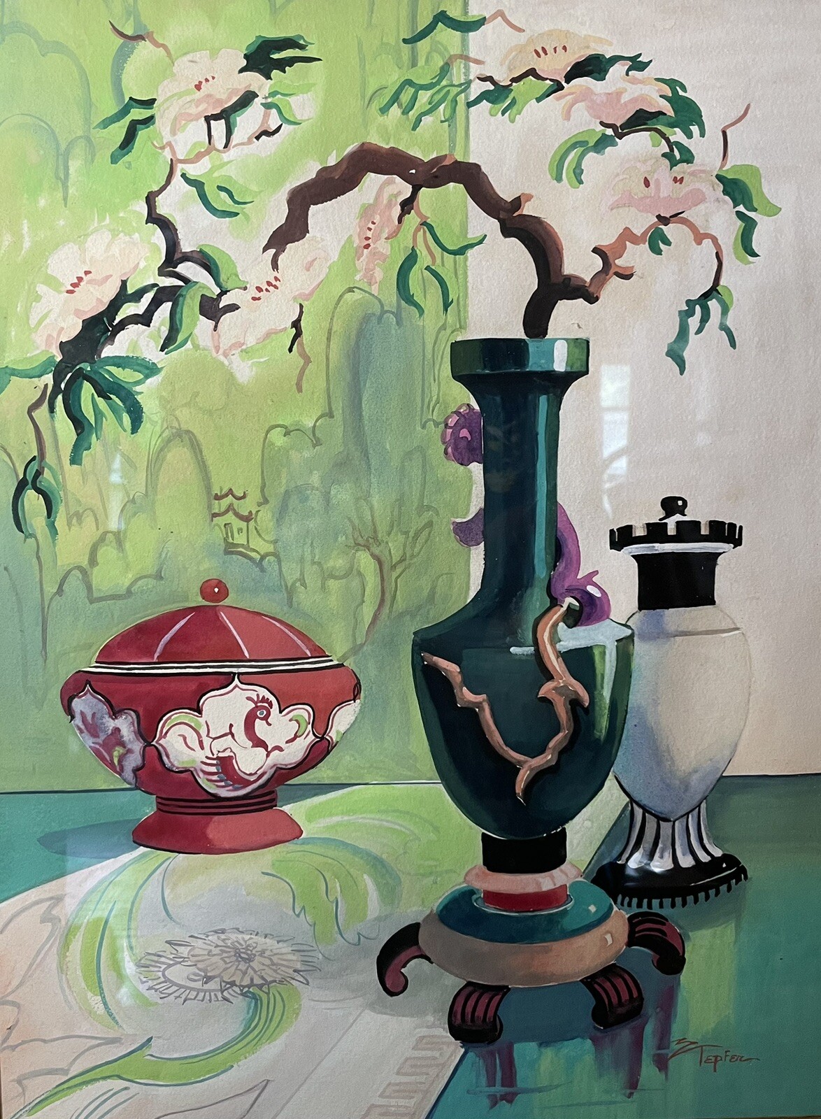 TepFer Signed Watercolor Mid century modern Asian Still Life