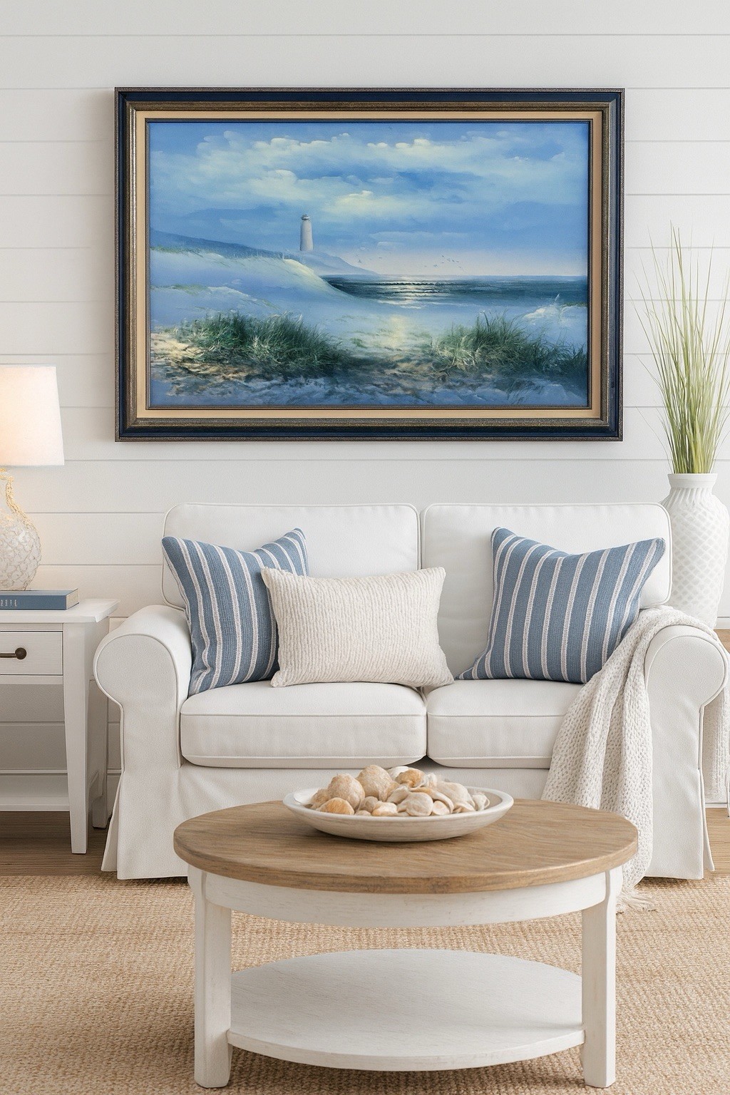 Vtg Painting SIGNED Lighthouse Framed 41.5 » x 29.25 Wall Art Coastal Home Decor