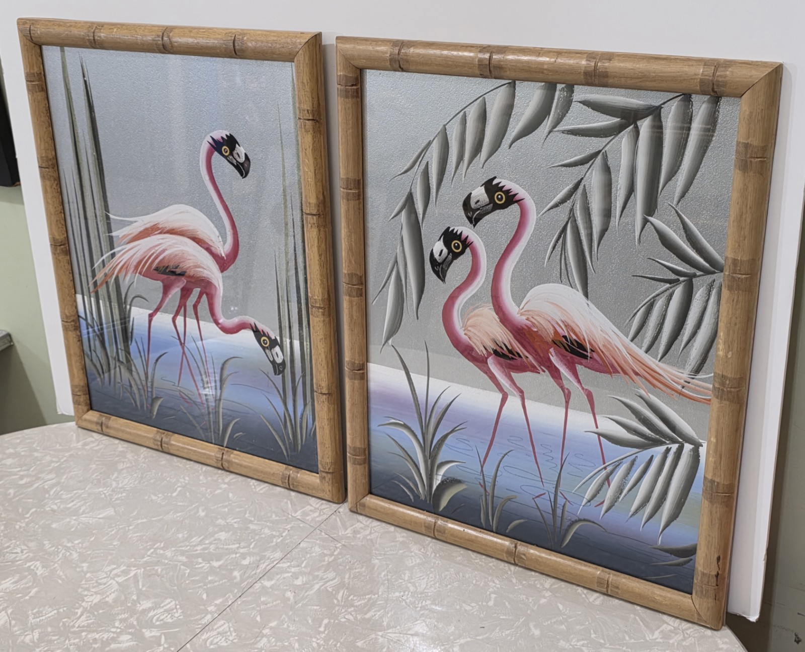 (x2) 1950s MCM Flamingos Original Silver Board Paintings Pair Bamboo Frames…