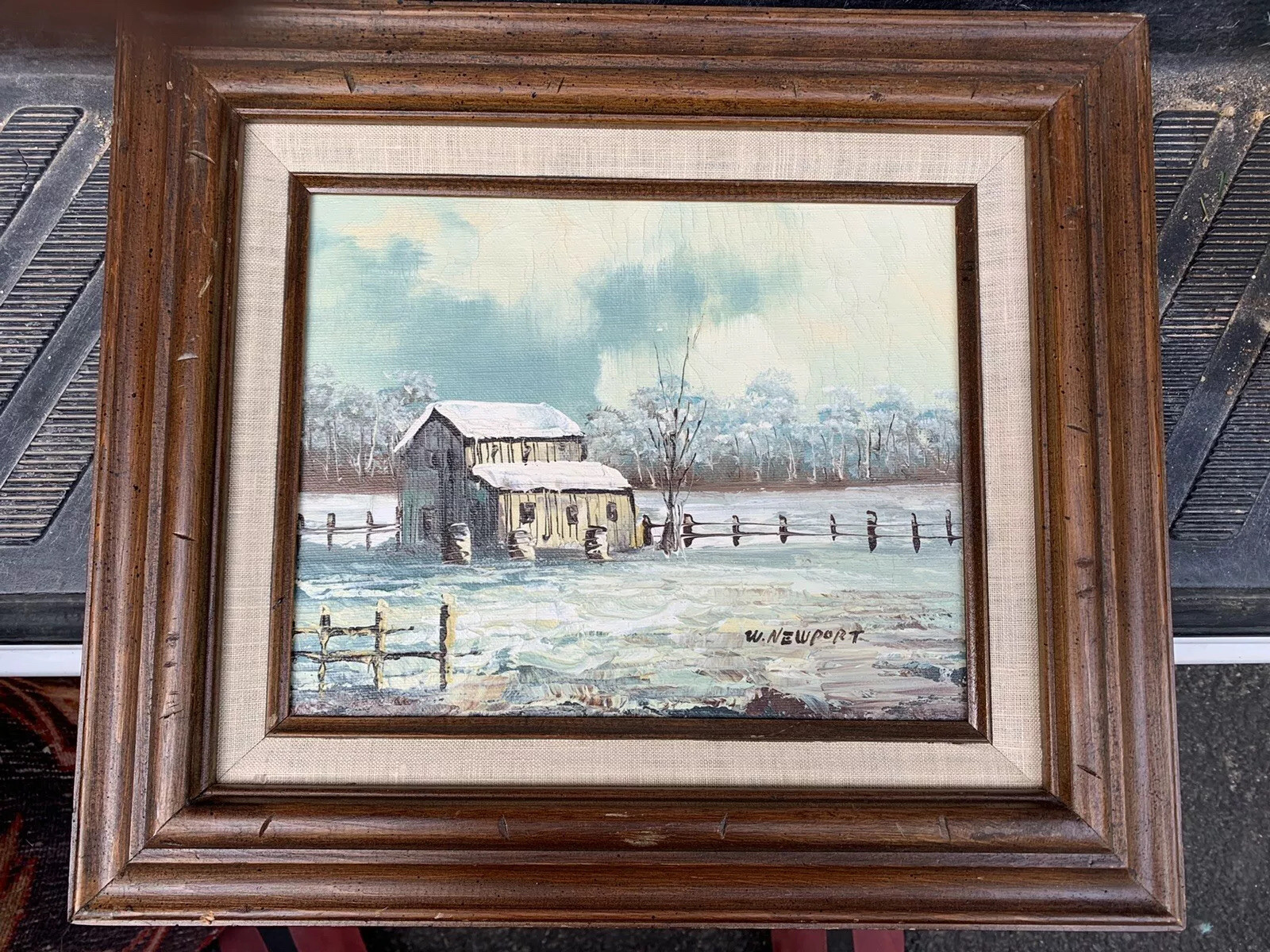 Orig. acrylic on canvas,by W.Newport,”Farmstead in Winter” 8×10,framed to 13×15