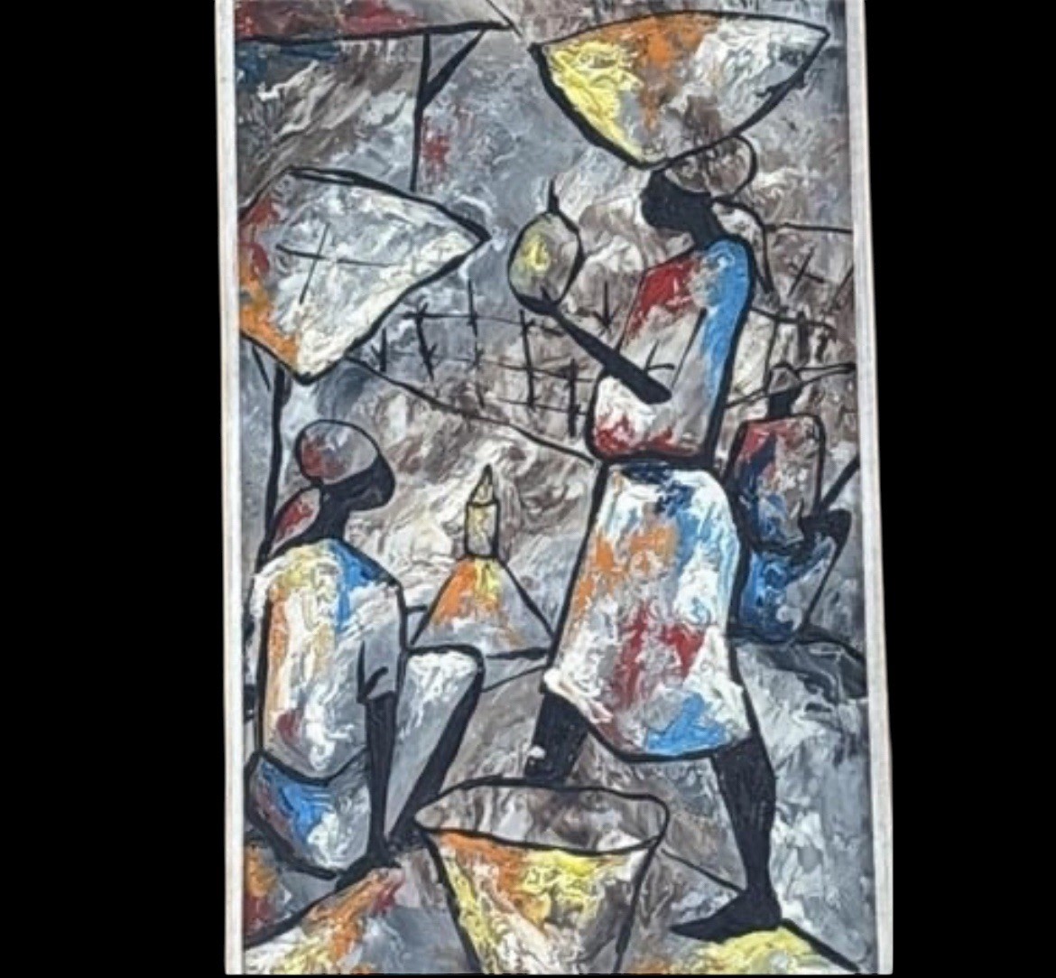 Famed Haitian Cubist Painter Paul Beauvoir Signed Oil Painting on Board 18”x10”