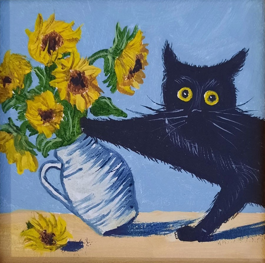 MQ916 Stretched Canvas Frame /Unframed Handmade Cat Sunflowers Oil Painting Art