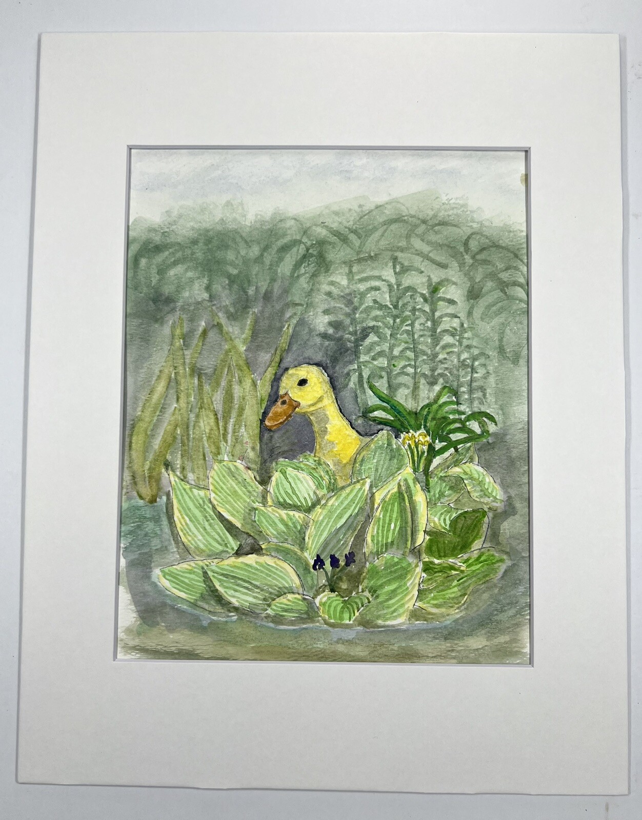Watercolor Painting Duck In Pants At Pond Folk Art 14×11” Water Fowl Bird