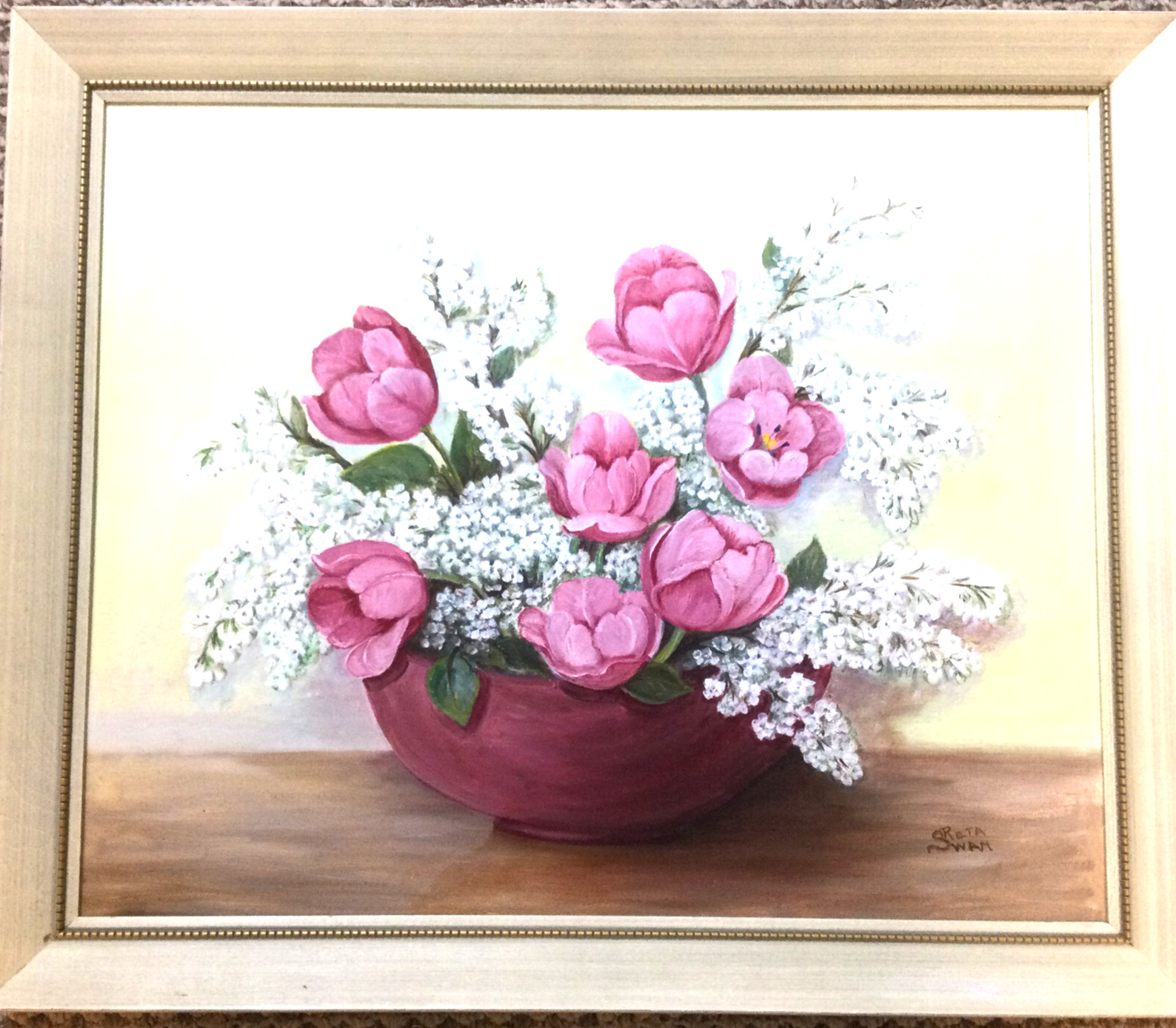 Vintage Acrylic Painting White Lilac Pink Tulips Vase Framed 25″ x 21″ Signed