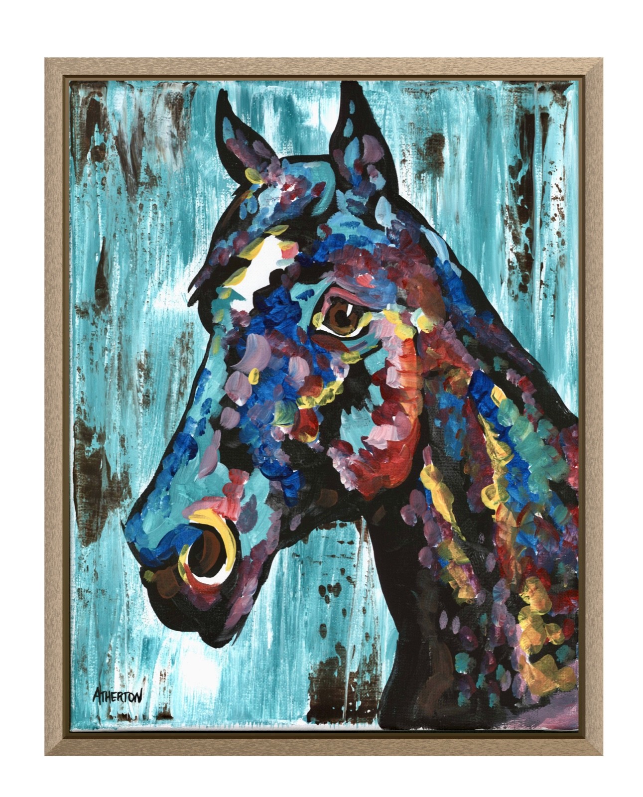 Atherton 11×14 Original Abstract Pet Acrylic Painting «Cyan Horse» hand signed