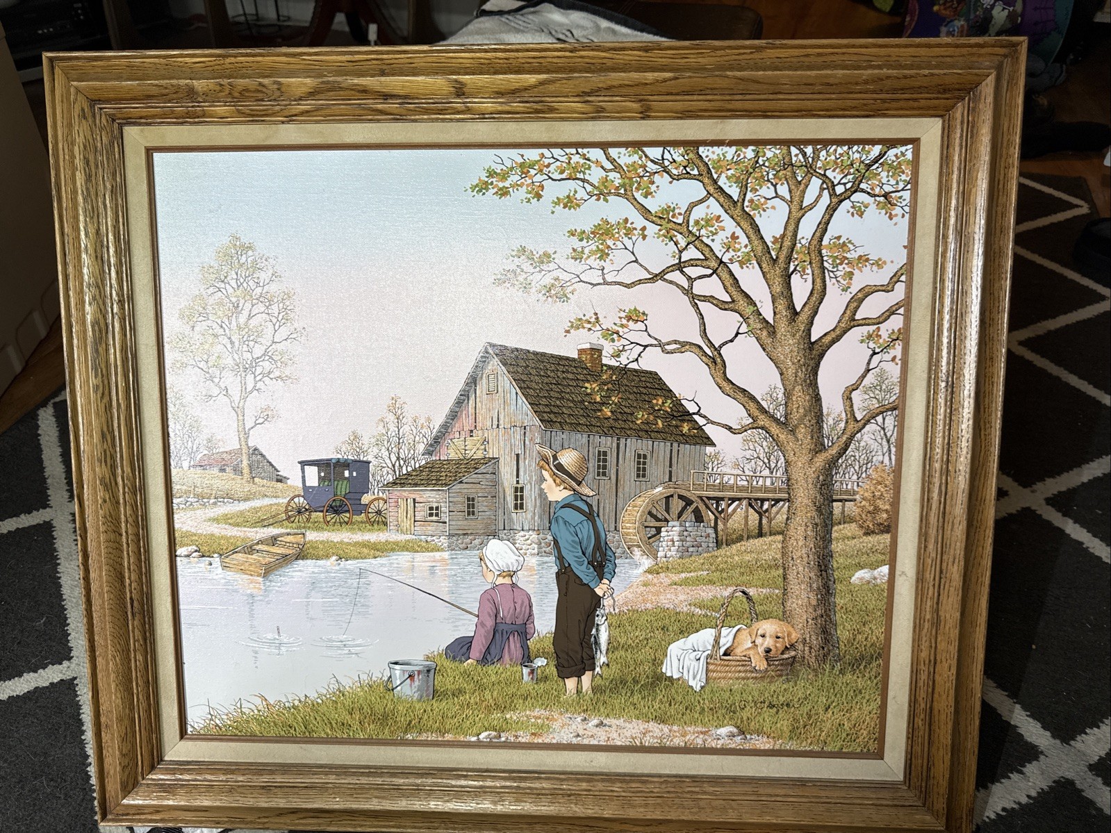 VINTAGE C. CARSON PAINTING OF KIDS FISHING WITH DOG, 29” X 25” INCHES WITH COA