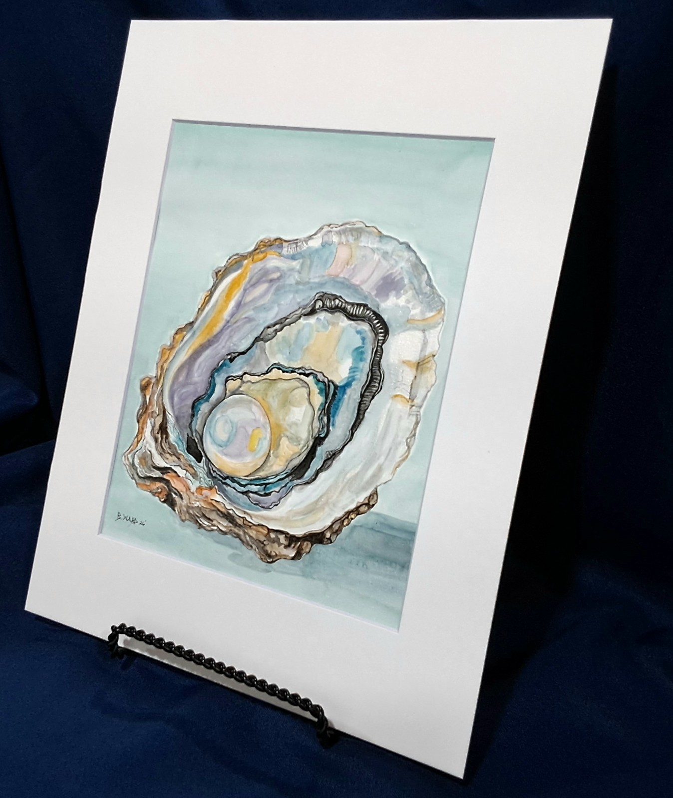 Oyster shell With Pearl Original watercolor 10″ x 8″ in acid free beveled mat