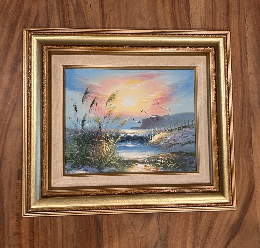 Original Oil on Board Coastal Seascape Beach Sunset Dunes Framed Painting Art
