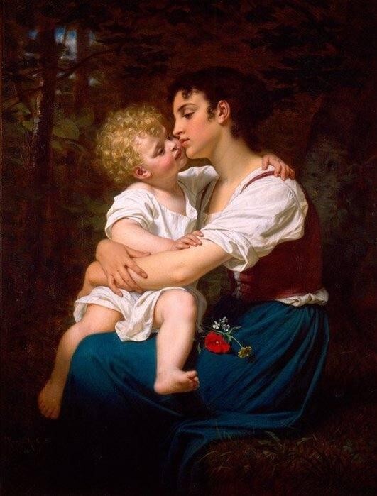 Oil painting Hugues Merle young mother with baby in landscape canvas
