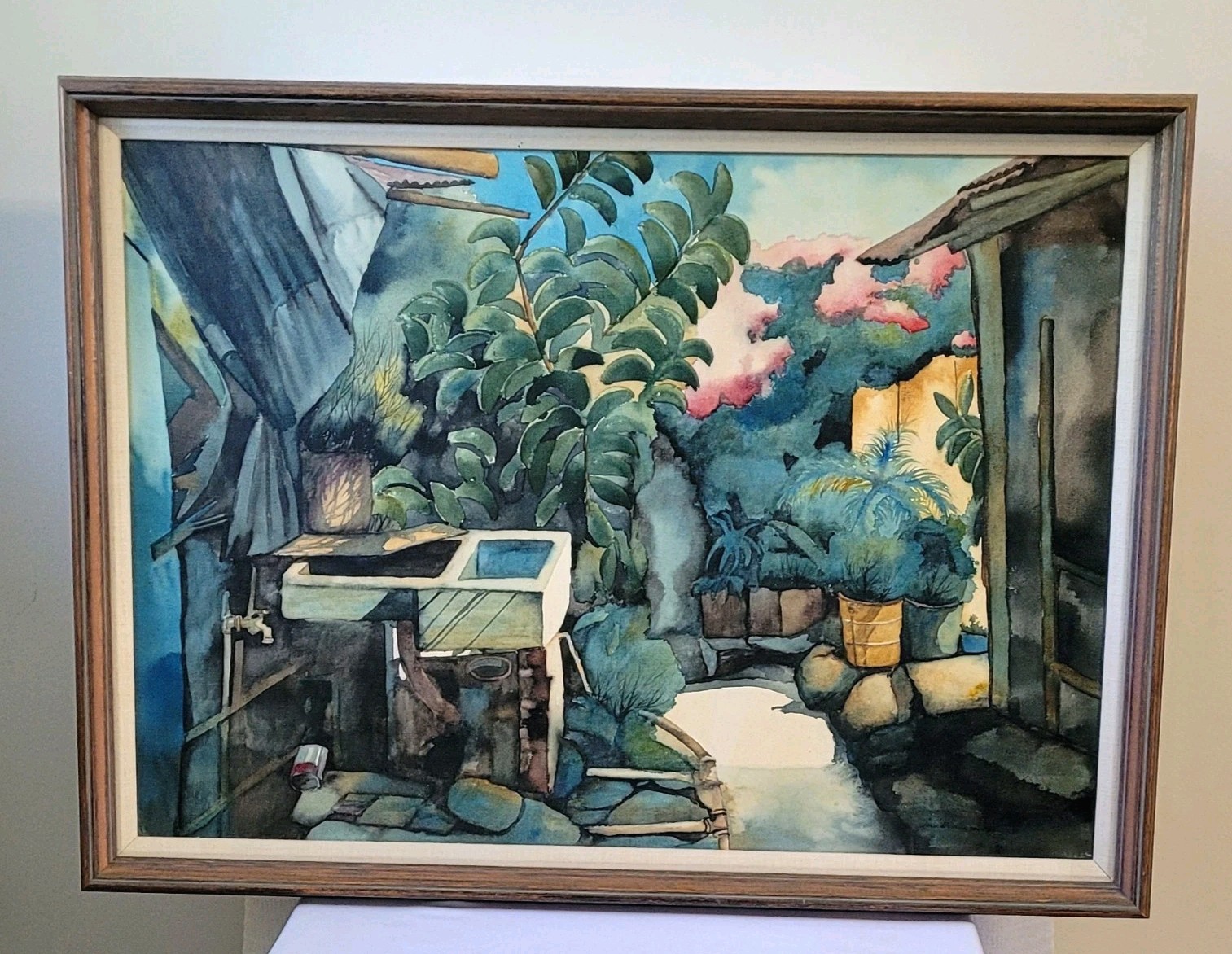 Vintage 1970s Juan Ramirez Custom-Framed Oil Painting – Mexican Courtyard Scene