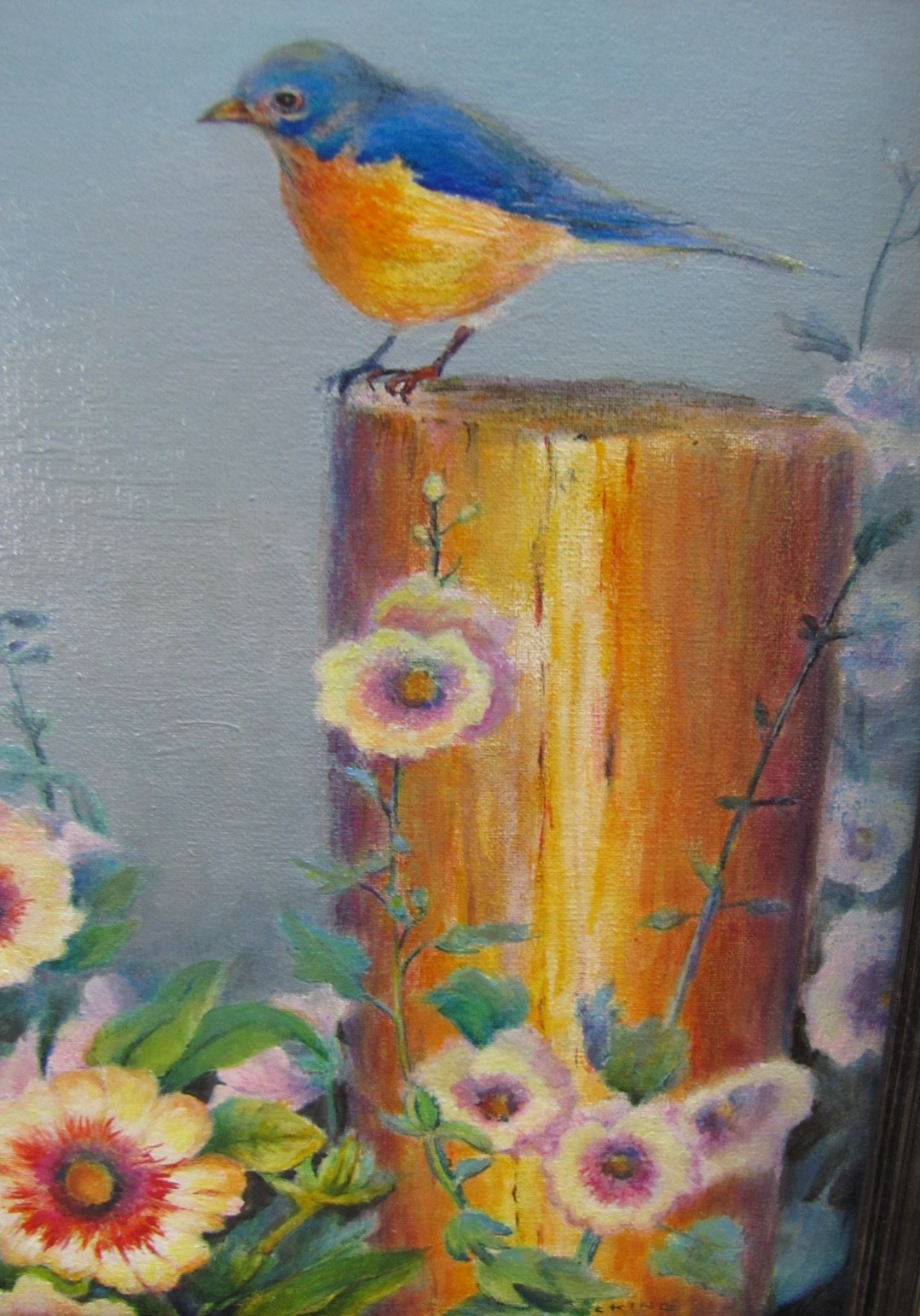 ORIGINAL ART ACRYLIC PAINTING BLUE BIRD AND BLOSSOMS 8″ by 10″ + frame