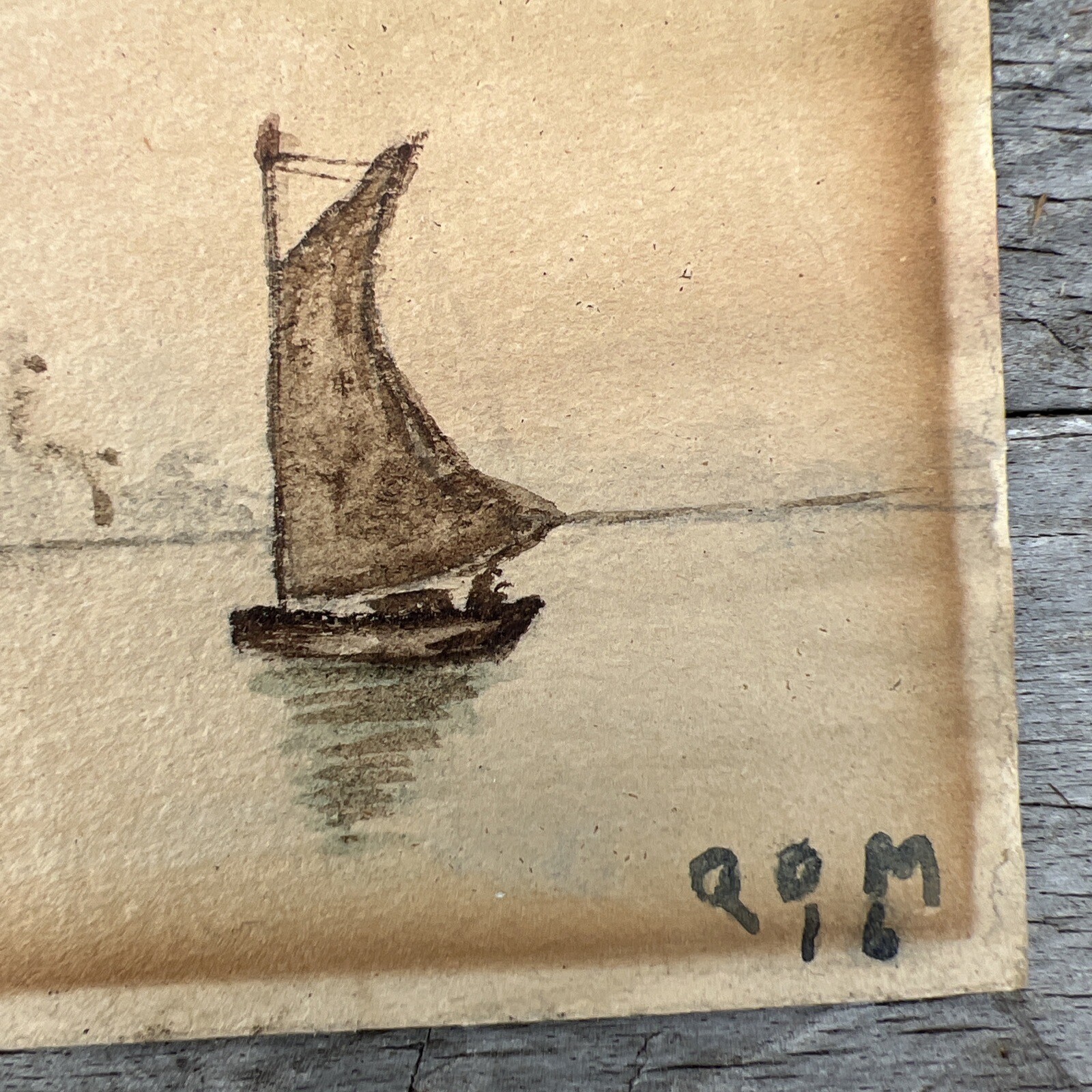 Watercolor on Paper signed dated 1916 house on Bay boat 11″ x 3 1/2″