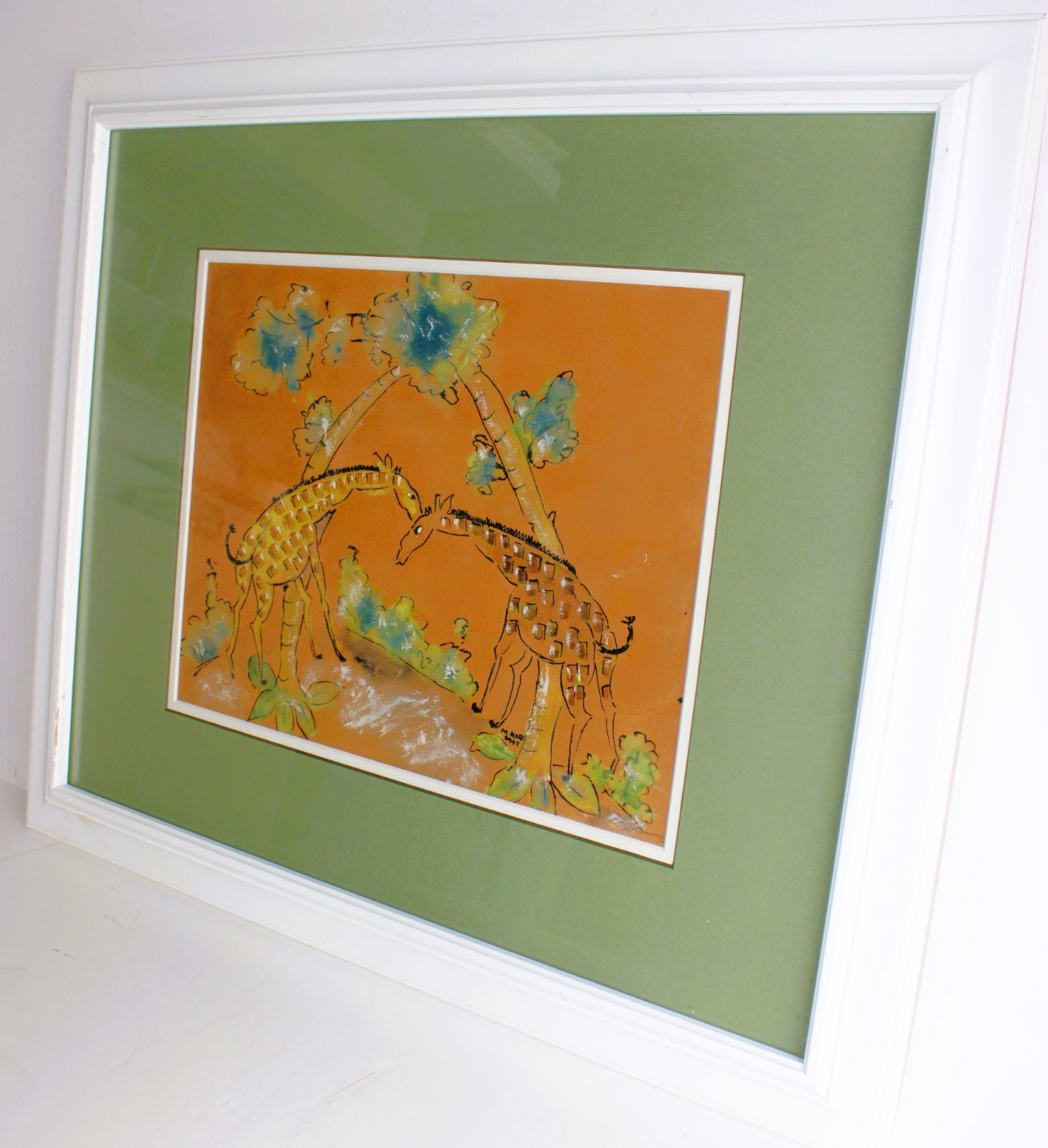 ANTIQUE WATERCOLOR INK ON PAPER DATED 1947 SIGNED M KARR GIRAFFES
