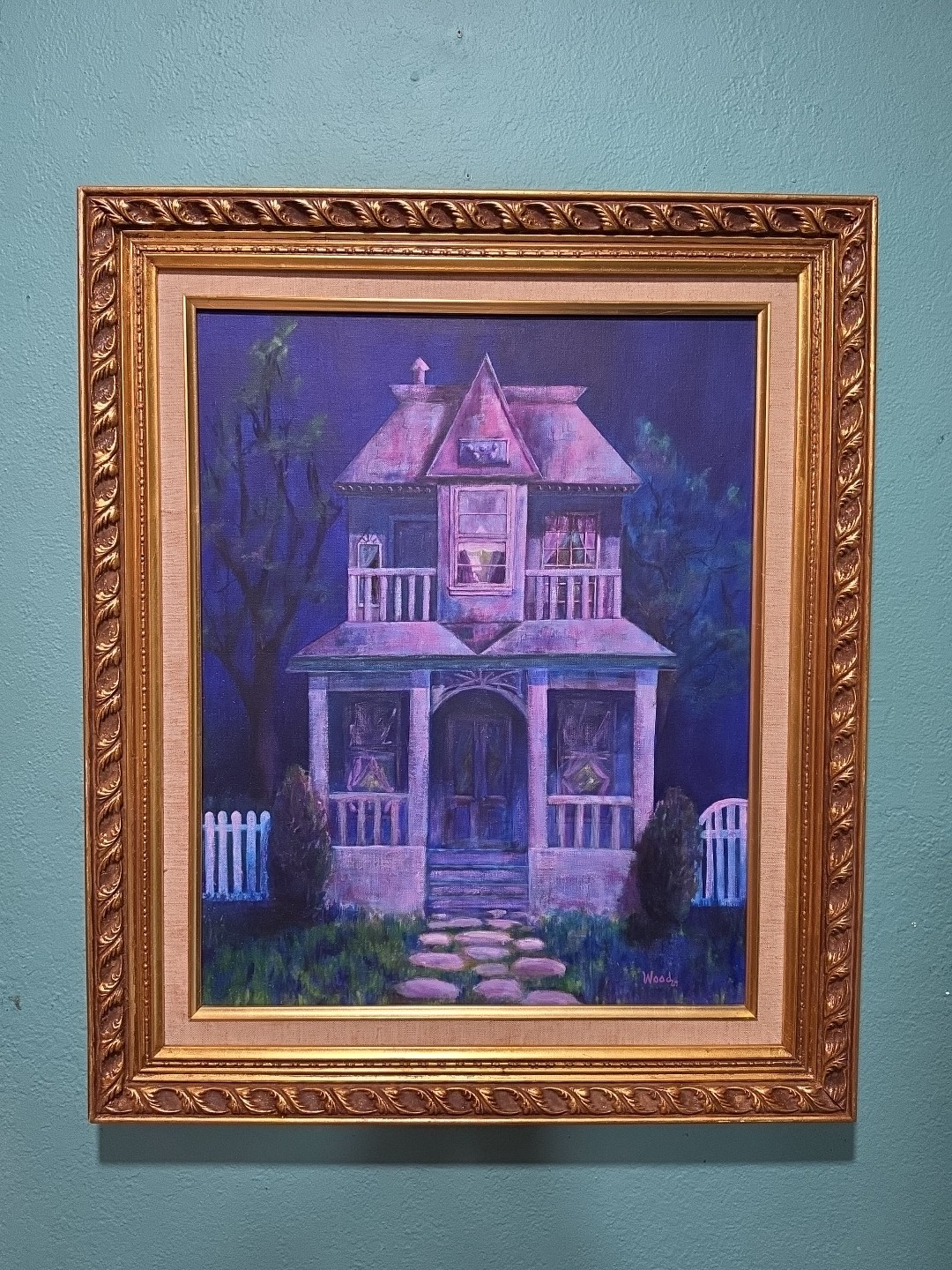 Vtg Original Folk Art Painting Oil On Canvas Board Texas Artist Wood 1969