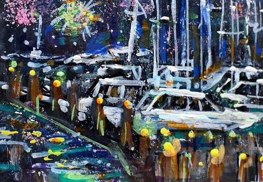 ACEO Original Painting FIREWORKS Summer Pier Marina Ocean Boat Bay Light ATC ART