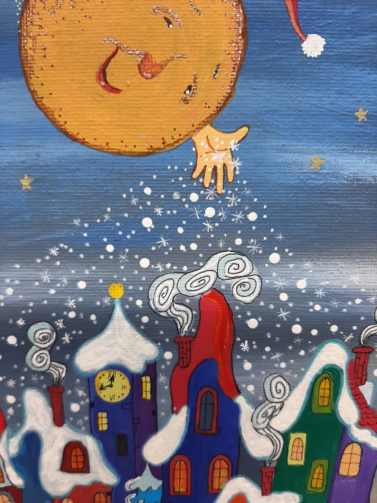 Winter Fairy – Whimsical Snowy Town with Smiling ,Moon | Original Acrylic Painti
