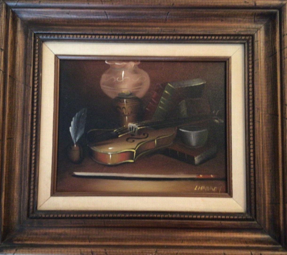 Vintage Wall Art Signed L. Habady OIL ON CANVAS PAINTING,Framed, Violin/Books