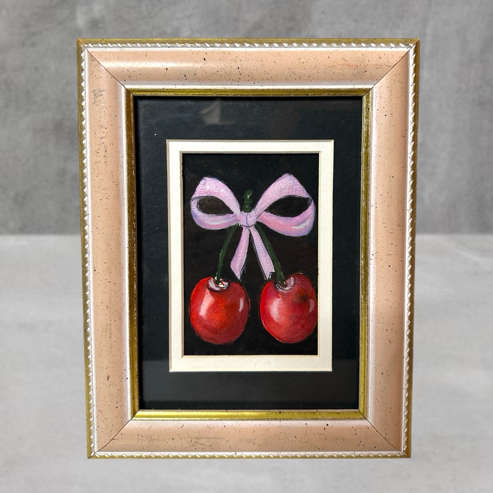 ORIGINAL FRAMED WATERCOLOR PAINTING CHERRIES COQUETTE 7×9
