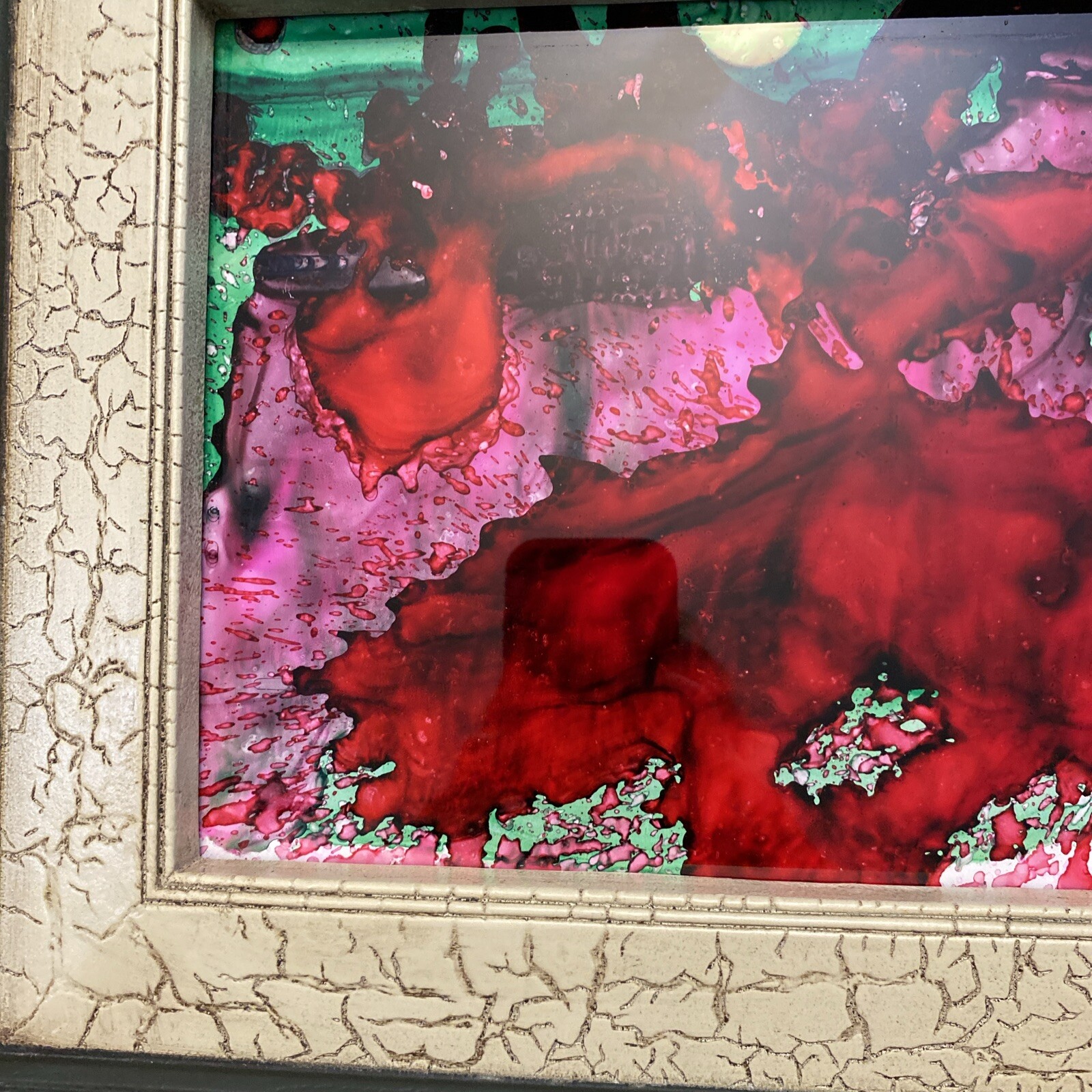 Abstract Glass Painting Expressionism Stained Framed 8 1/2”x13” 18”x22.5” Framed
