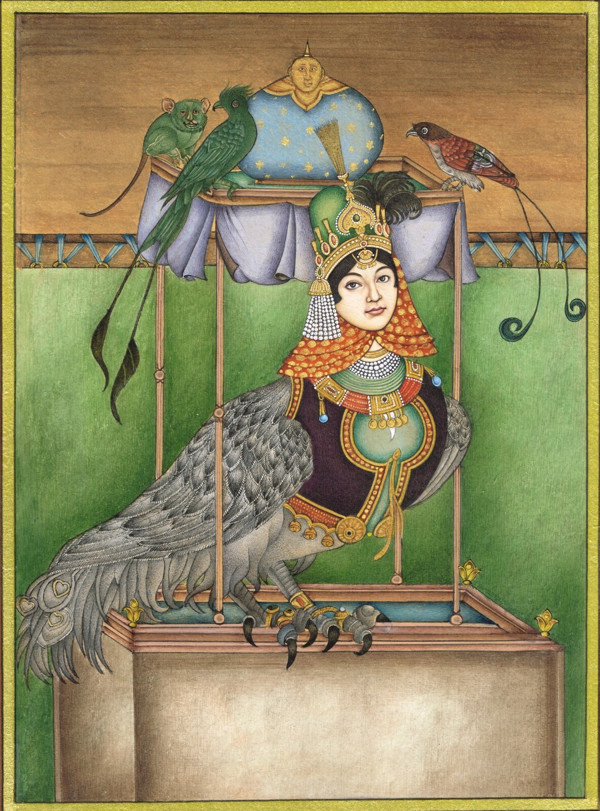 Persian Miniature Painting Of Birds With Woman Face On Paper 10.5×13.5 Inches