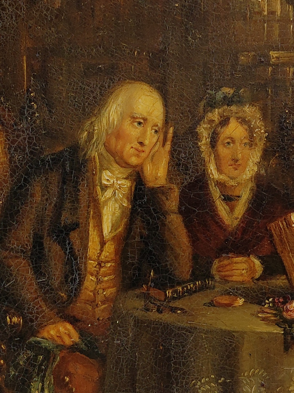 ANTIQUE 19TH C. INTERIOR GENRE SCHOOL OIL PAINTING ON CANVAS, «SUNDAY EVENING».
