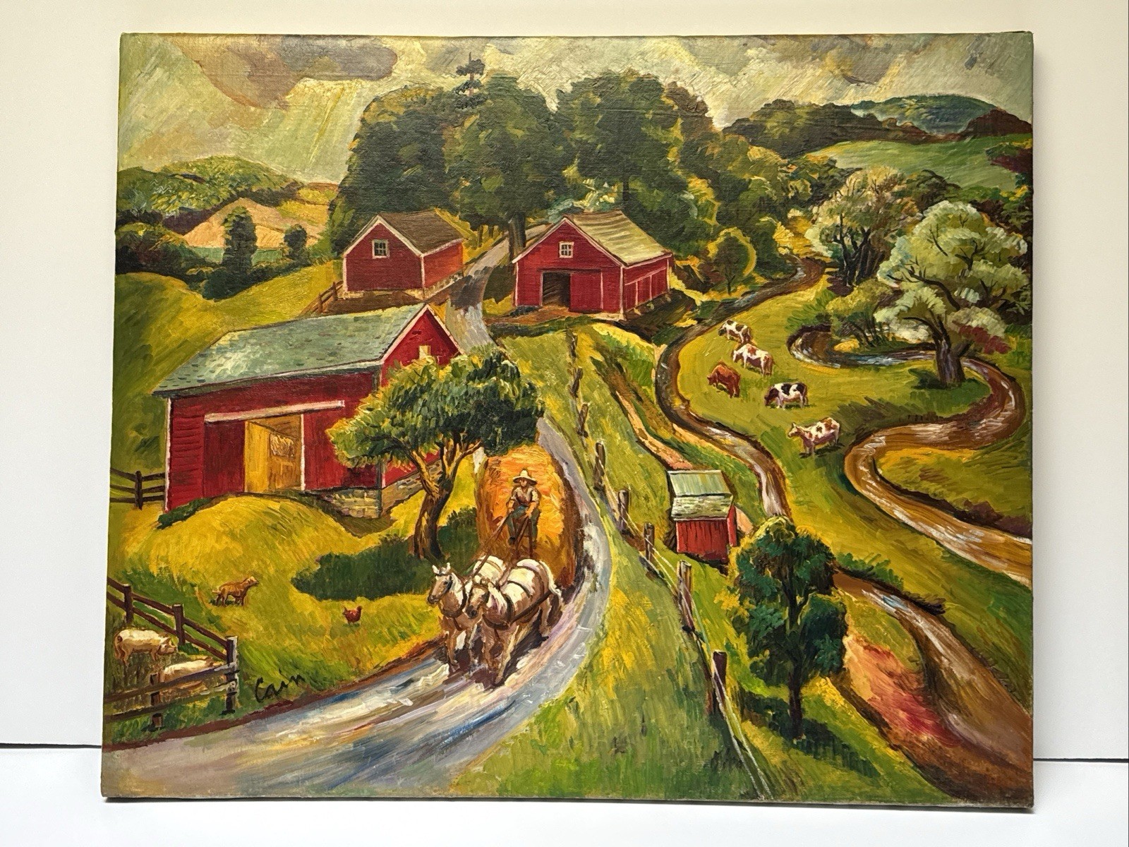 JO CAIN PAINTING ANTIQUE FARM FARMING WPA LISTED FAMOUS LARGE REGIONALIST RARE