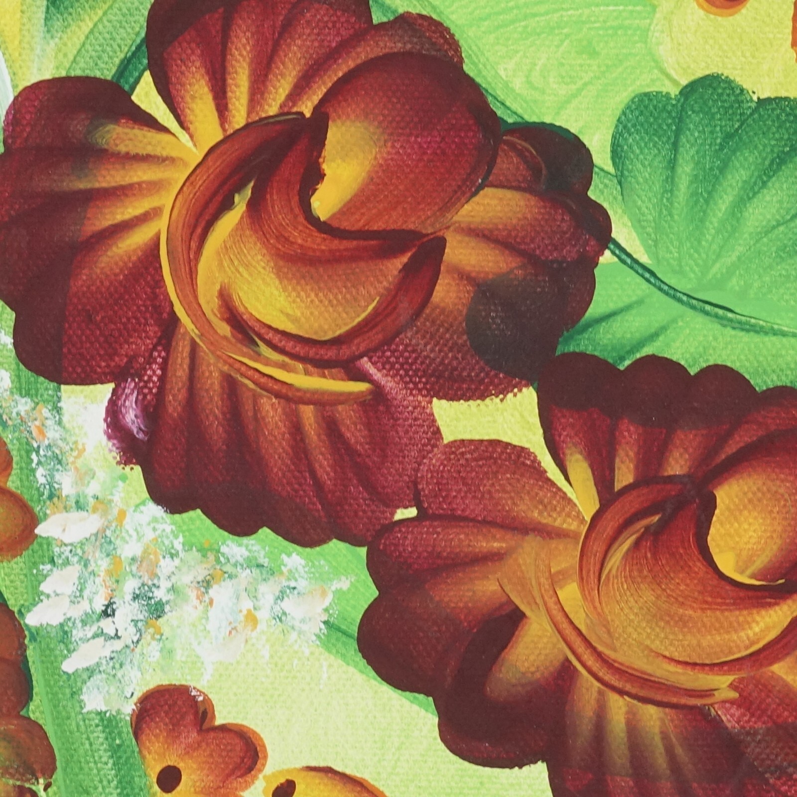 Original Floral Art Work on Canvas Green and Orange Tropical Signed Pam BG 20×16