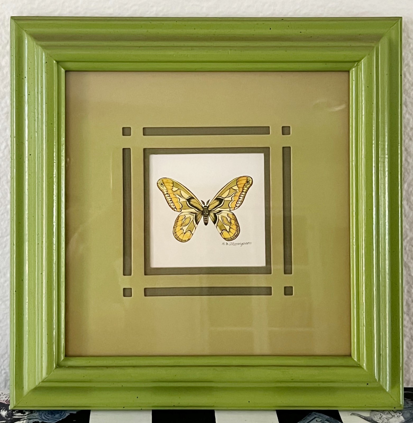 Vintage butterfly watercolor original art green wood frame gallery wall framed
