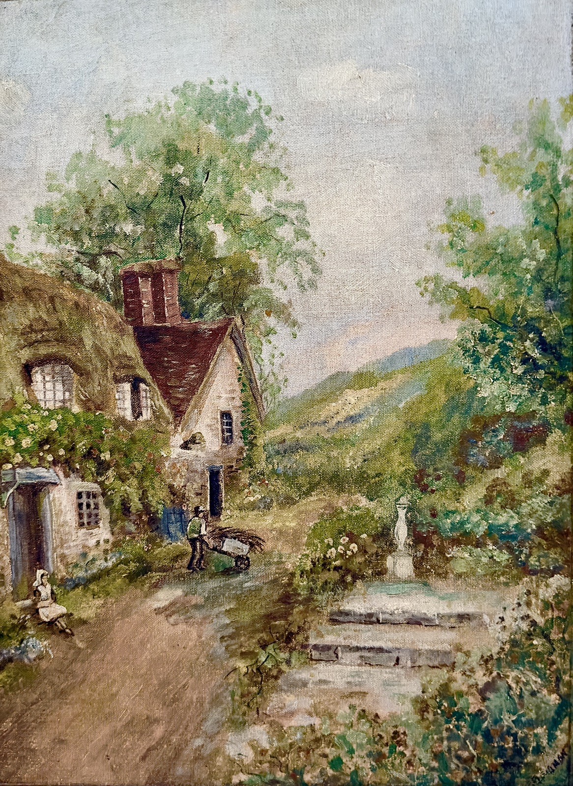 Vintage Original Oil Painting Cottage Scene – Signed by Artist (Unknown)