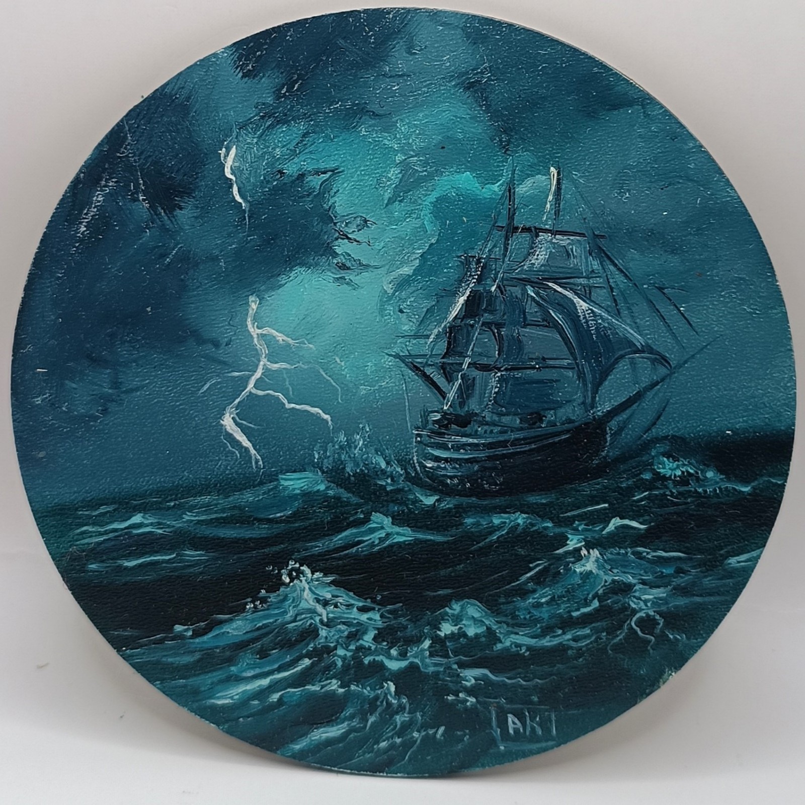 Original Ship in Storm Painting Small Round Seascape Nautical Lightning Artwork