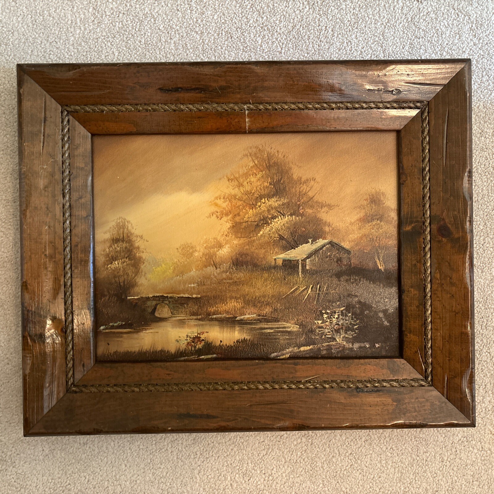 Oil Painting On Canvas Artist Unknown Framed House Stone Bridge Stream