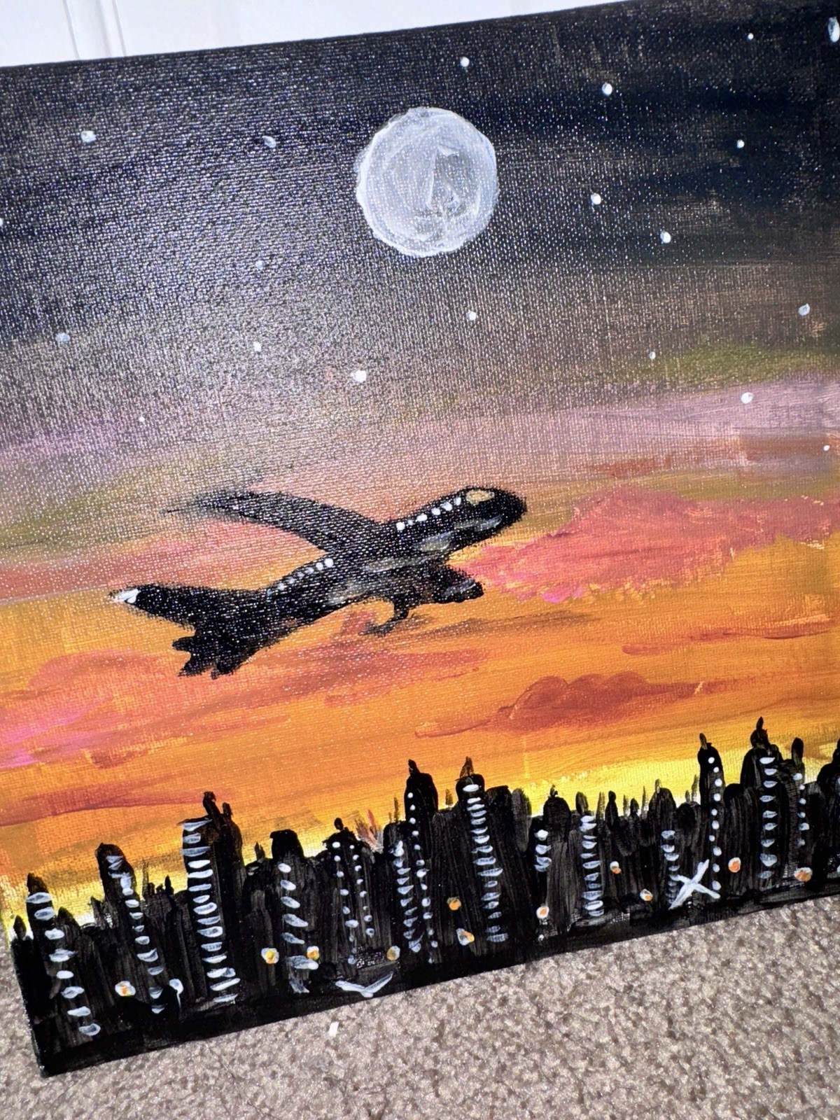 Handmade Sunset Cityscape Painting with Airplane – Acrylic