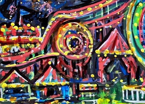 ORIGINAL ACEO Painting CARNIVAL Fair Amusement Park Fireworks Rides Fun ATC ART