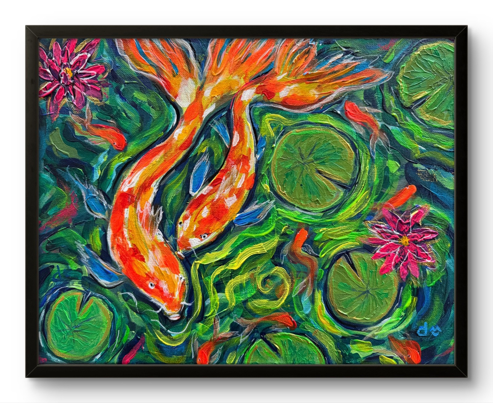 Koi Fish Painting Water Lily Pond Art Colorful Wall Decor 11×14 CV