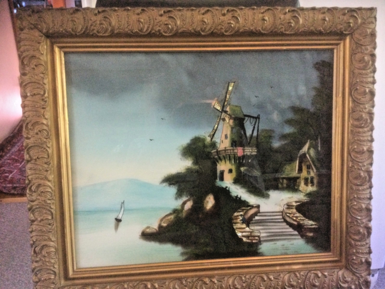 Antique Reverse Painted Glass Windmill Waterfront Mother Of Pearl 25″X22″Framed