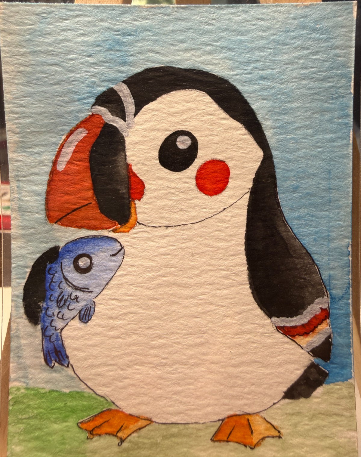 ACEO Original OOAK Signed (Not a Print) «Puffin Pal» Cute Bird & Fish Art Card