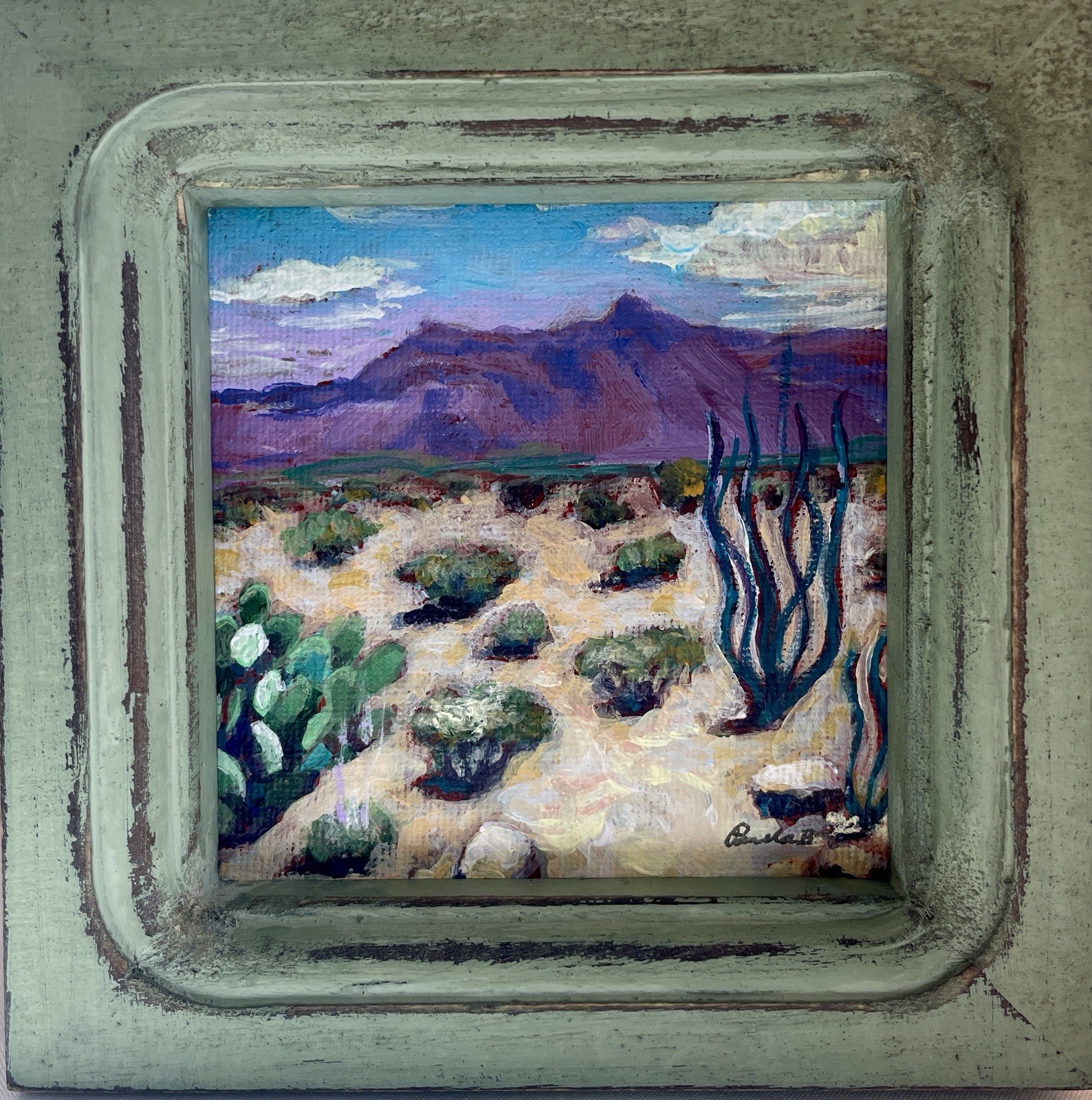 Big Bend Desert Cactus Original Painting Framed Southwest Folk Art Landscape