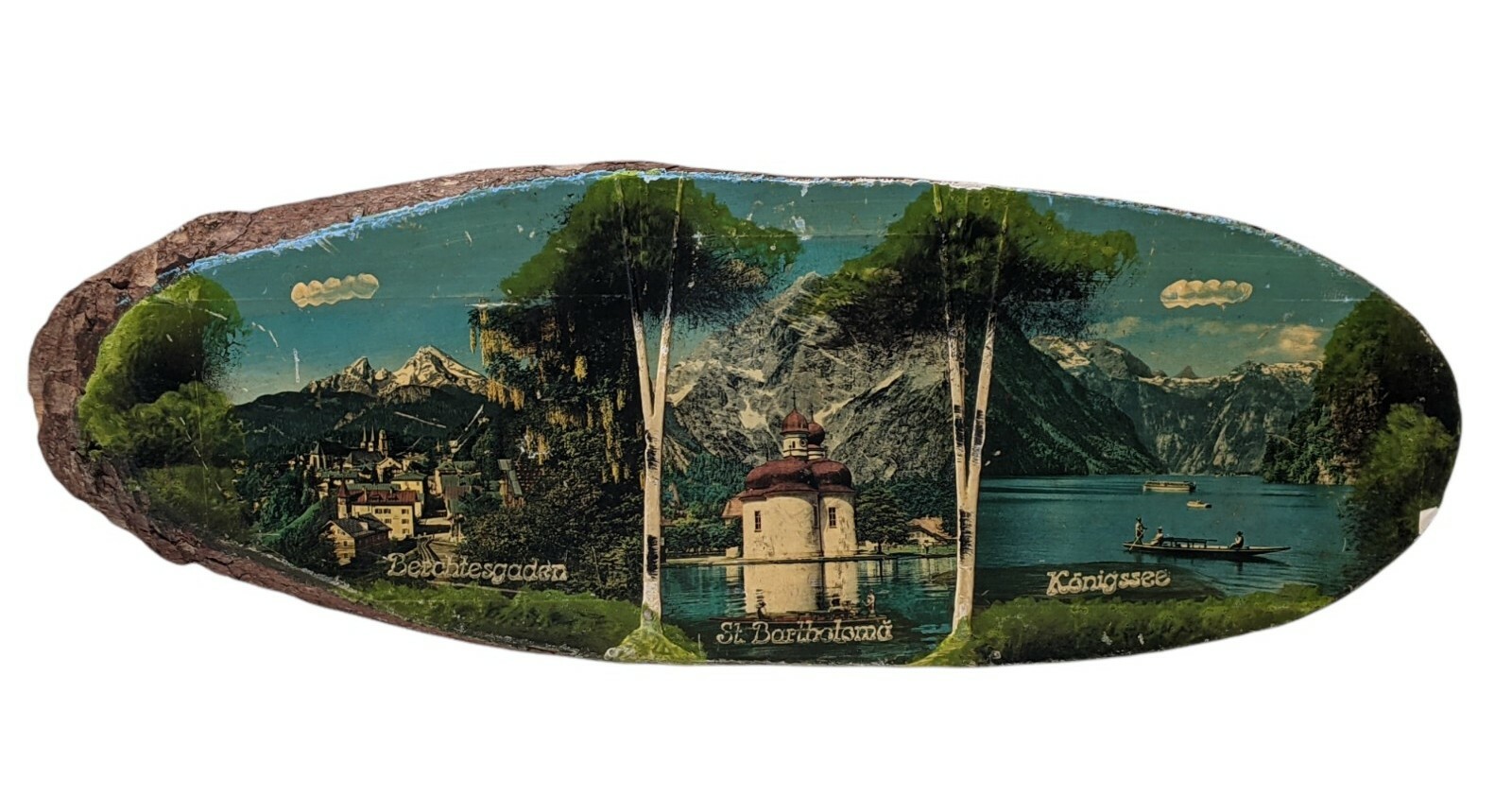 Vtg Wood Burned Hand Painted Rustic Wall Art Bark Edge Slab Germany Scenes