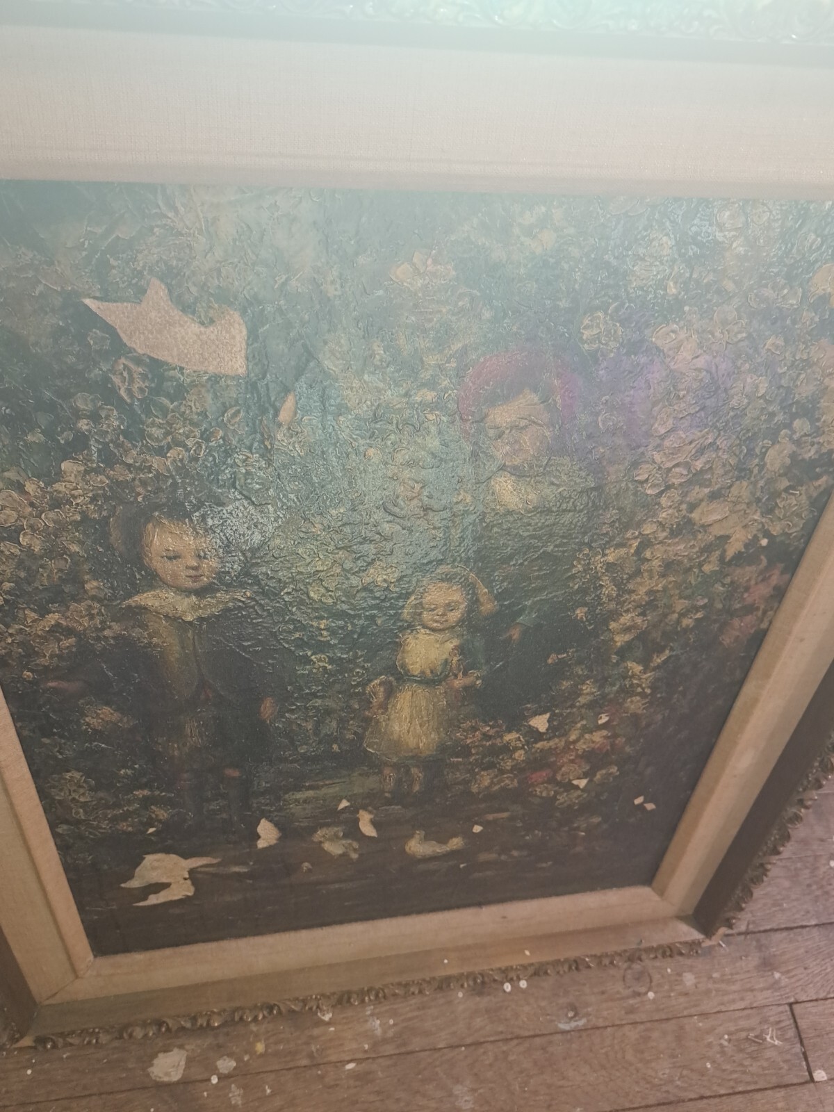 1800s Antique Oil Painting: Children in Garden, Protected Poly, Heirloom, Loved