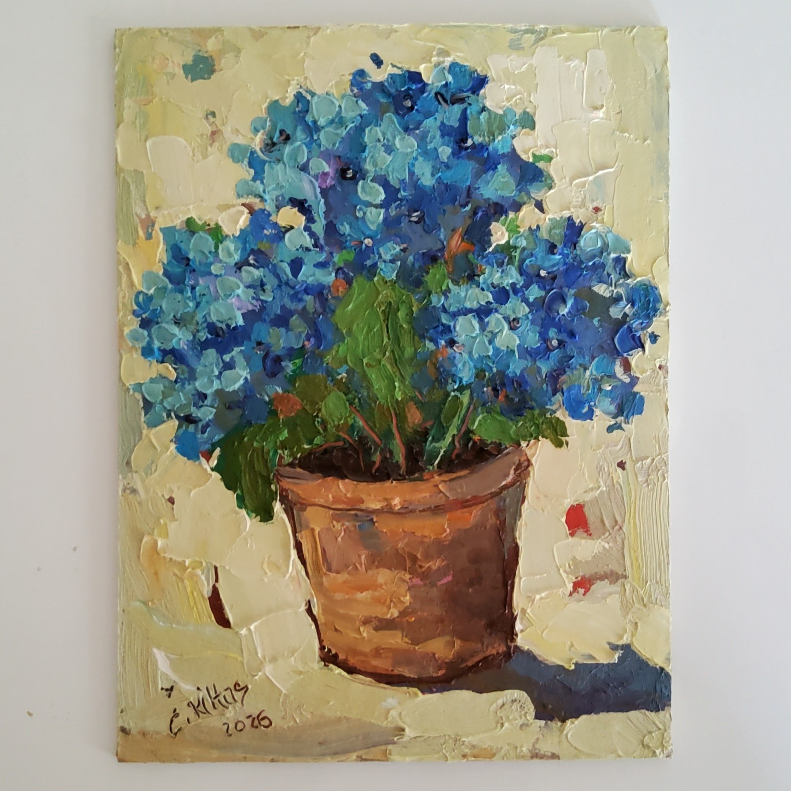 Hydrangea in a Pot Oil Painting Origina Blue Floral Art Abstract Modern Artwork