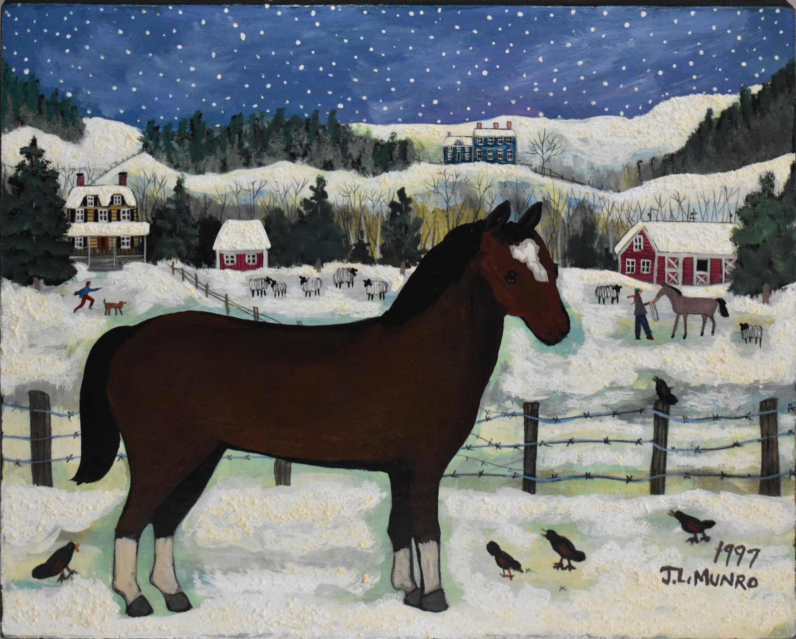 JANET MUNRO-MA/FL Folk/Naive Artist-Original Signed Oil-Horse and Snowy Farm