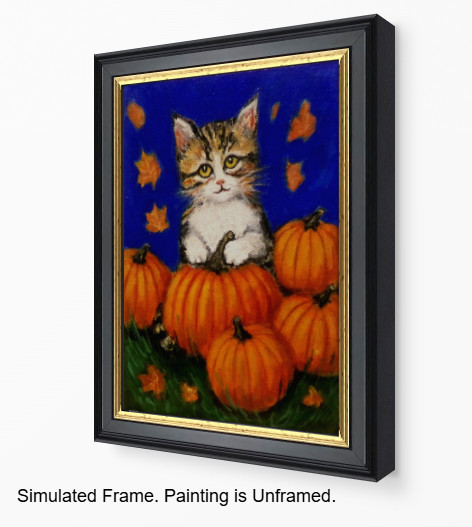 Original Cat Painting Kitten & Pumpkins 5×7 Pet Modern Wall Art Decor