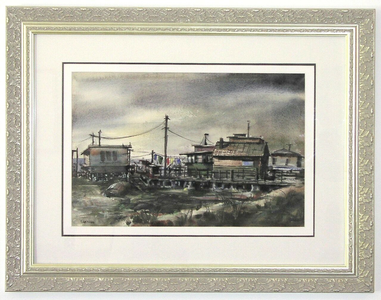 Large, Original Samuel Leitman Watercolor – Rockport Fishing Shacks