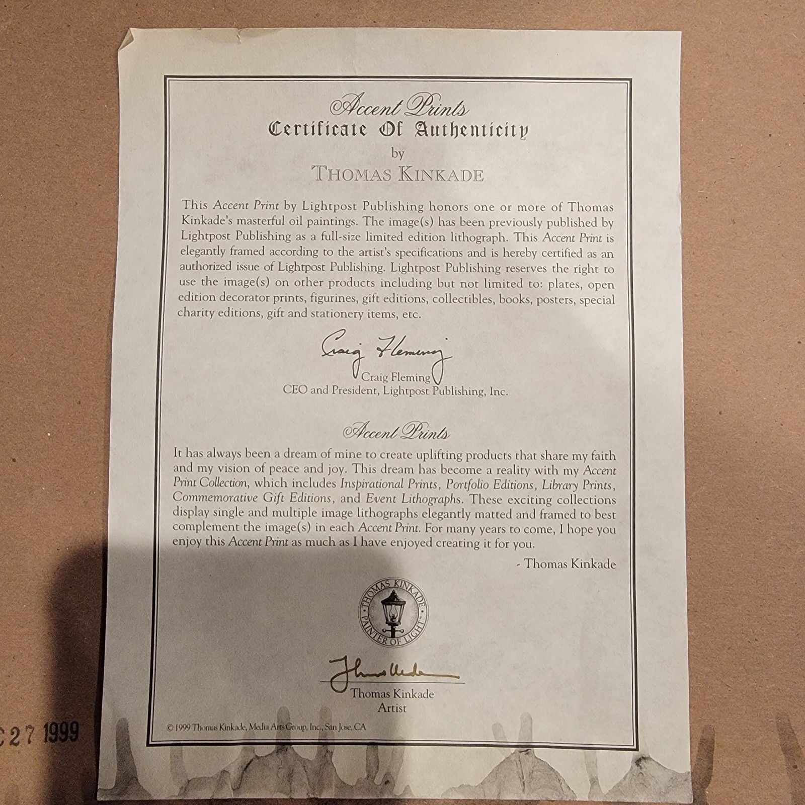 Thomas Kinkade Framed Accent Print «Valley Of Peace» Certificate of Authenticity