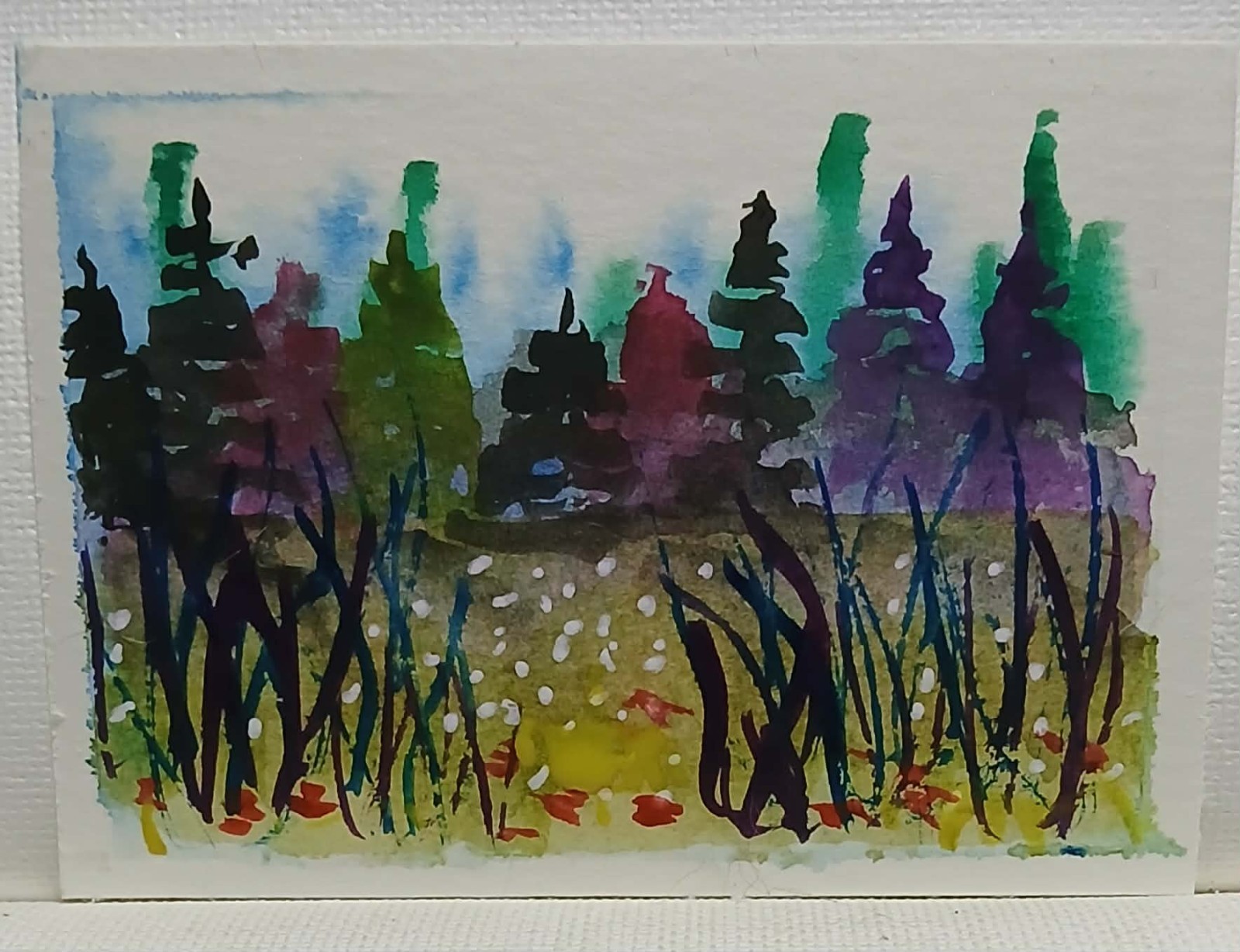 OOAK Watercolor ACEO Abstract Landscape with Conifers, Daisy‑Poppy Field & Swayi