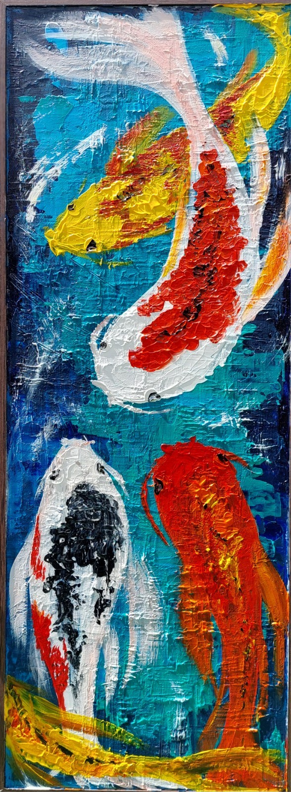 Acrylic original painting on board size 31x12x1.5 inches FRAMED SIGNED Koi pond