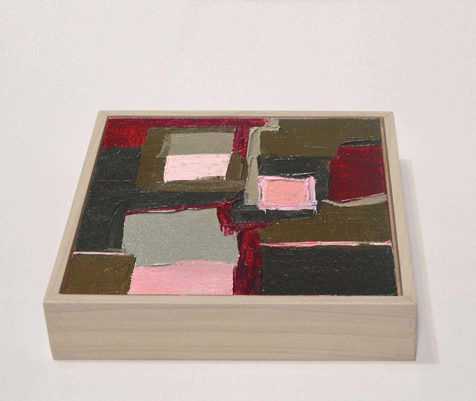 Framed Geometric Abstract Oil Painting Bold Red Pink Olive Green Textured Wall A