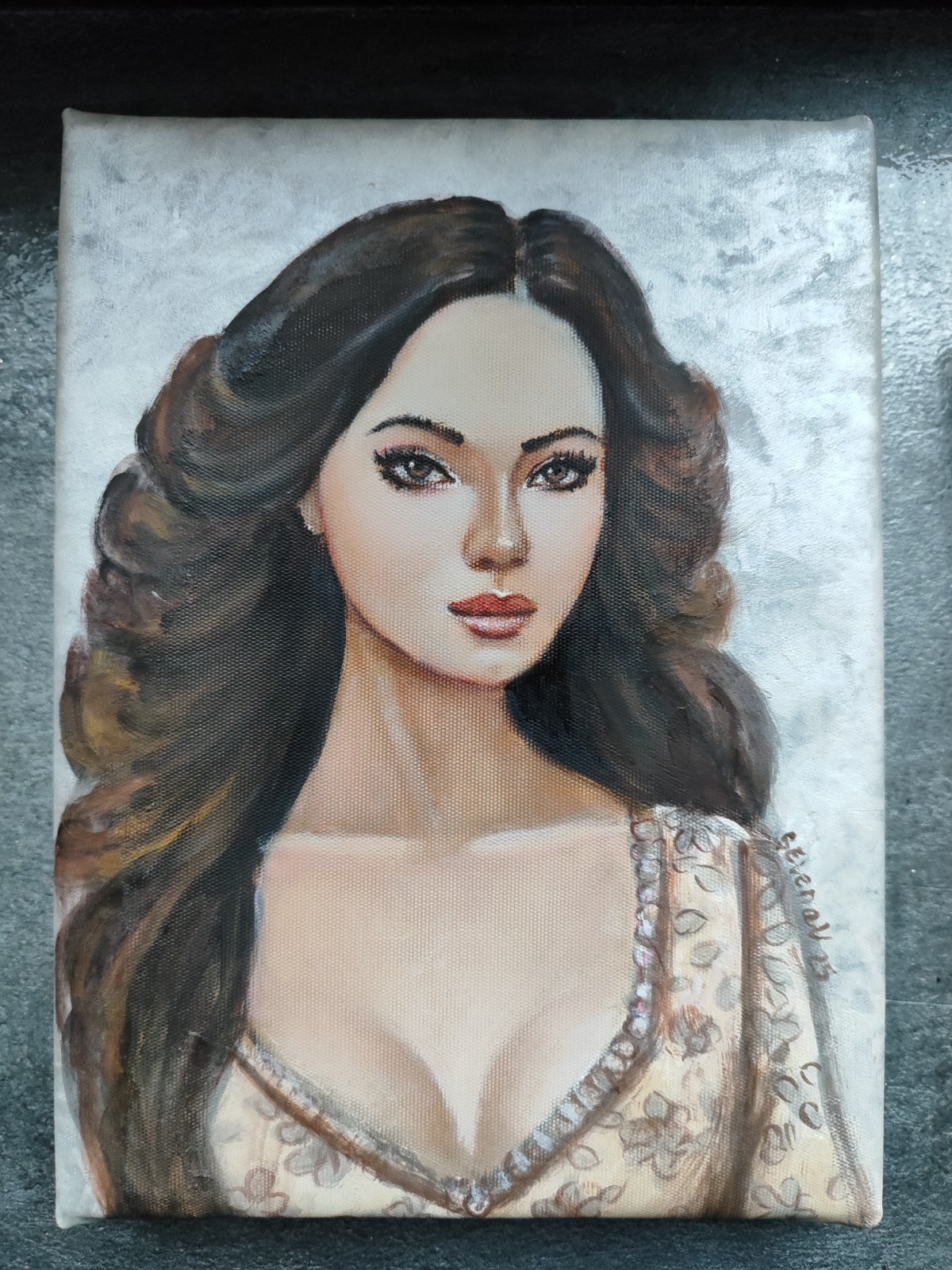 ​Original Oil Painting Female Portrait Pearl Background Hand Painted Stretched